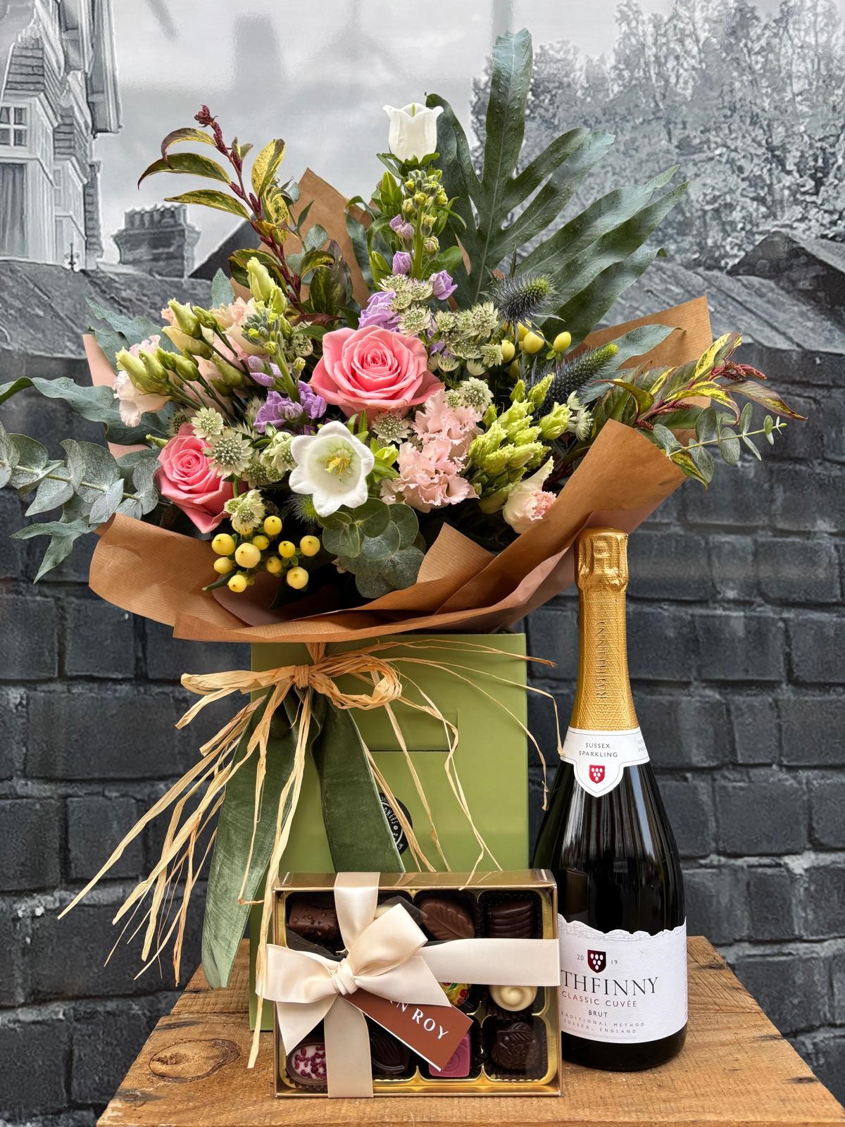 Valentines flowers with wine and chocolates